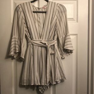 m deep v black and white pinstripe romper with ruffle 3/4 sleeve